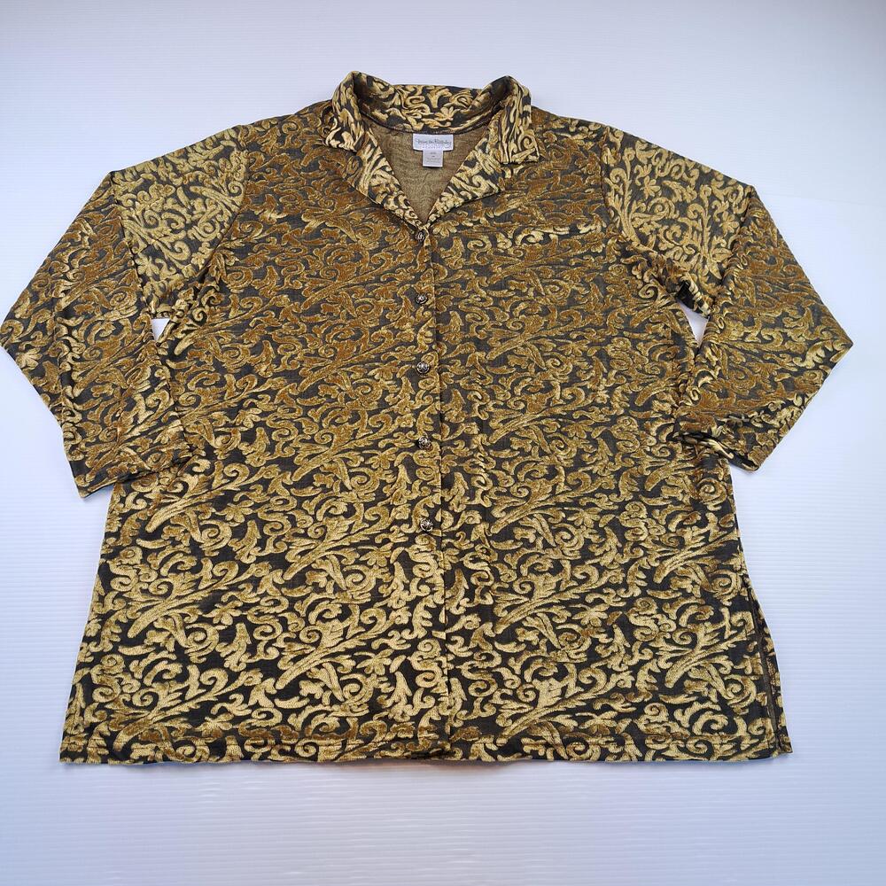 Diane Von Furstenberg Shirt Women 2X Gold Velvet Floral Long Sleeve Button Tunic